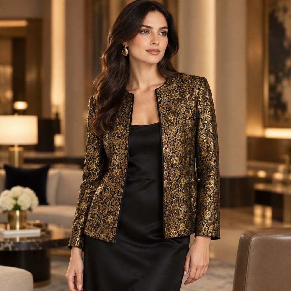 Karen Miller New York Metallic Jacquard Open Front Jacket Black Gold